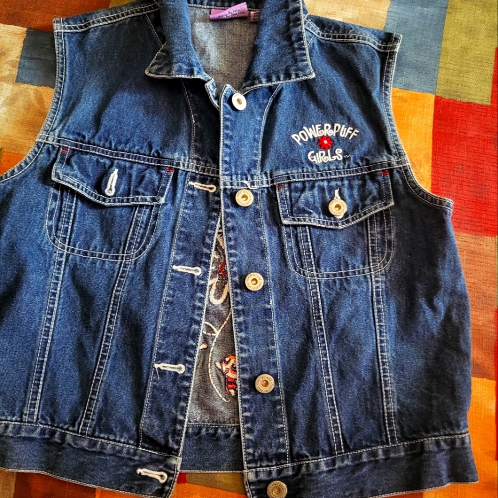 Vintage stitched Powerpuff girl denim vest. size XL youth